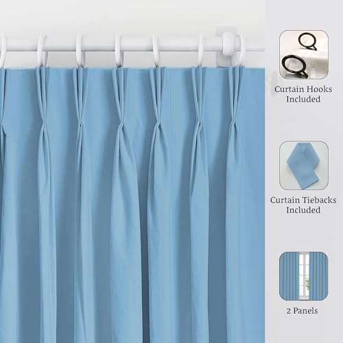 Image of Triple Pinch Pleated Blackout Curtains Thermal Insulated Room Darkening Curtains for Bedroom /Livingroom Pack of 2 Panels, Tiebacks, Hooks (Aqua Blue)