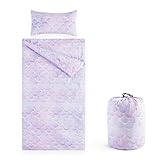 Wake In Cloud - Sleeping Bag for Kids Toddlers, Portable Compact Lightweight Backpacking Nap Mat with Pillow and Blanket, for Girls, Mermaids Scales in Purple Lilac Pink, 55" x 30"