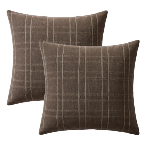 Image of MIULEE Decorative Linen Check Throw Pillow Covers Neutral Farmhouse Vintage Pillow Covers 24x24 Set of 2 Boho Modern Home Decor for Sofa Couch Bedroom Cushion Dark Coffee