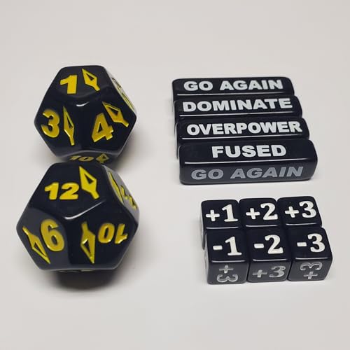 TCG Dice Set: 2X Spear Spindown Large d12s 4X Mechanic Effect Keyword Tiles & 6X 10mm Shield Dice Compatible with Flesh and Blood