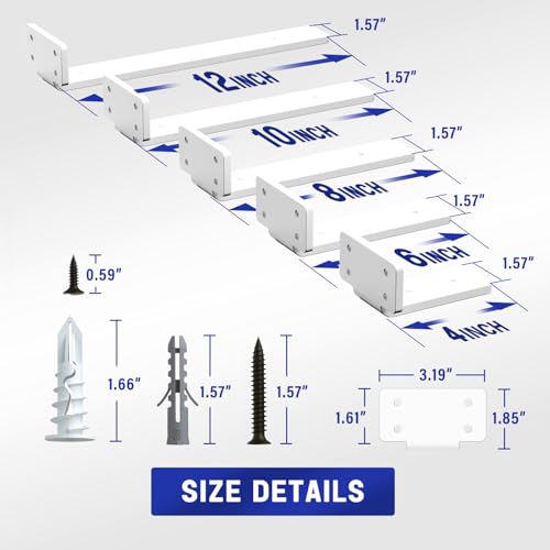 Goovilla Shelf Bracket, Heavy Duty Floating Shelf Brackets 4 inch Long, 6 Pack Brackets for Shelves, White Coated Metal Wall Shelf Support Brackets with 1/5 Inch Thick and 160 lb. Load Capacity