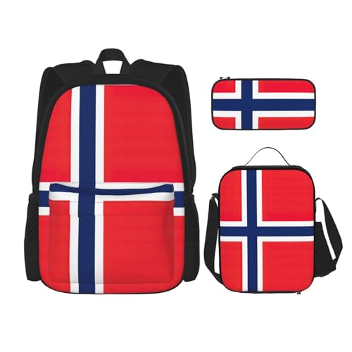 Norwegian Flag Print 3-Piece Set Backpack, Lunch Bag And Pencil Case, For Travel, College, And Daily Use