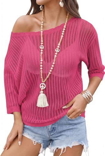 Image of Zeagoo Womens Crochet Tops 3 /4 Sleeve Summer Sweaters Hollow Out Knit Tops