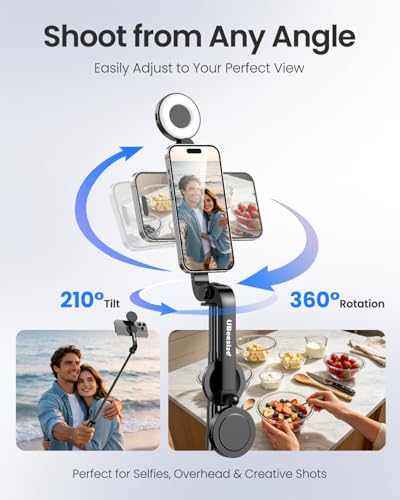 Image of UBeesize Magnetic Selfie Stick Tripod with Dimmable Light and Rechargeable Remote, Portable Travel Phone Tripod Stand for MagSafe and Android Phones, Ideal for Vlogging, Photos, Video Recording