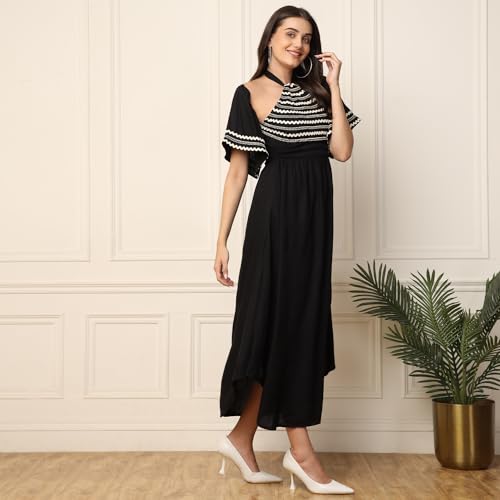 Image of DEEBACO Solid Rayon A-Line Slit Dress for Women's|Off Shoulder Short Bell Sleeve Maxi Dress with Pockets|Summer Western Party Casual Wear Dress for Ladies