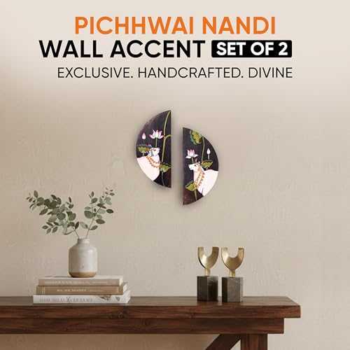 Image of AAKRITI ART CREATIONS Pichhwai Nandi Handpainted Wall Panels, Pichhwai Art Wooden Wall Hanging Set of 2 Multicolor | Matte Finish Wooden | Home Items for Living Room, Bedroom, Office