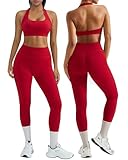DOULAFASS Rückenfrei Gym Set Damen Neckholder Sport-BH Yoga Set Hoher Taille Versteckte Scrunch Leggings Workout Set Rot M