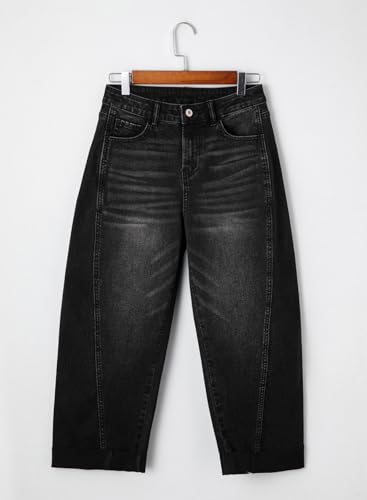 Image of Sidefeel Barrel Jeans for Women High Waisted Wide Leg Baggy Stretchy Trendy Raw Rolled Hem Capri Cropped Ankle Denim Pants