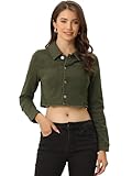 Allegra K Women's Jean Jacket Frayed Button Up Washed Cropped Denim Jacket Medium Olive Green
