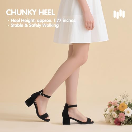 Image of Hehainom Girls Dress Shoes Heels Sandals Little Big Kids Square-Toe Ankle Strap Wedding Party Flower Girls Shoes