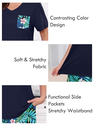 AusLook Plus Women Pajamas Set 2 Piece Lounge Sets Short Sleeve Top and Full Length Pant Chest Pocket Matching Maternity Christmas Print Black Jungle Blooms 5X Pjs Loungewear Sleepwear — view 4