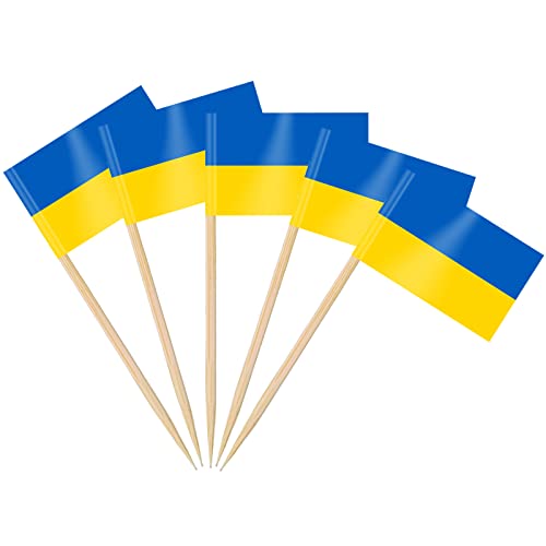 AhfuLife 200 Stück Ukraine Zahnstocher Flaggen, Ukrainisch Deko Fahne Klein Mini Zahnstocher Ukraine Fähnchen für 2026 WM Cupcake Topper Toothpick Cocktail Party Pub Deko