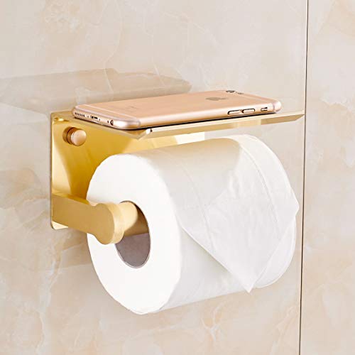 Youda Toiletpapierhouder, wandhouder voor badkamerweefsel met opbergplank, 3M zelfklevend, aluminium (goud) - Image 6