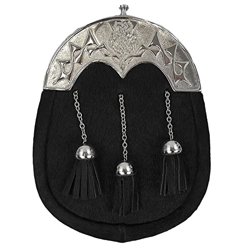 Full Dress Kilt Sporran in Black Cow Hide with Thistle Cantle - Waist Pack with Chain Belt for Highland Outfit - One Size