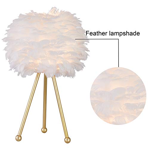 Maxax Tripod Table Lamp Set Of 2, White Feather Bedside Table Lamps, Nightstand Lamp With Gold Finish For Bedrooms/Living Room/Dining Room/Kitchen #TOP2