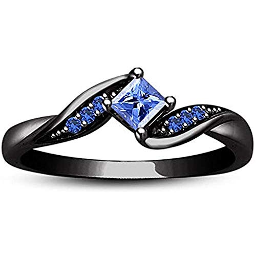 V Touch Princess Cut Created Blue Sapphire Engagement Wedding Bypass Ring for Women 14K Black Gold Plated 925 Sterling Sliver2