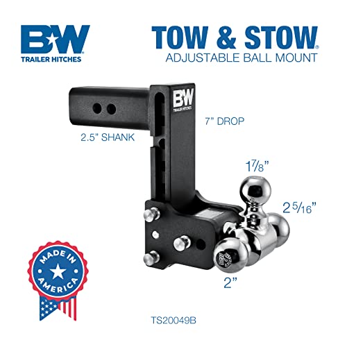 Image of B&W Trailer Hitches Tow & Stow Adjustable Trailer Hitch Ball Mount - Fits 2.5 inch Receiver, Tri-Ball (1-7 /8 inch x 2 inch x 2-5 /16 inch), 7 inch Drop, 18,000 GTW - TS20049B