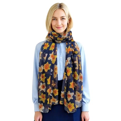 GFM Womens Daffodil Flower Print Scarf Welsh National Flower Soft Lightweight Wrap (180x90cm) Spring Summer All Seasons Accessory (Navy Blue) (SA-PSCF-DAF-05-GHNL)