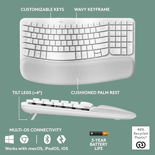 Image of Logitech Wave Keys & Lift Vertical Mouse - Ergonomic Bundle - Wireless Keyboard with Cushioned Palm Rest & Vertical Wireless Mouse - Easy-Switch, Bluetooth, for Multi-OS, Windows /Mac - Off White