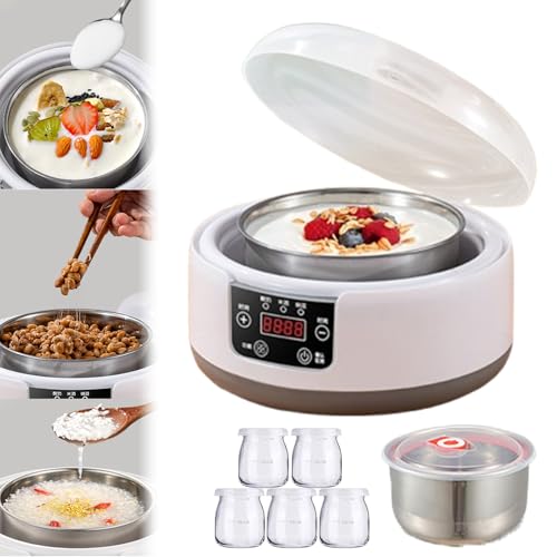 Genérico Yogurtera ProbióTica, MáQuina EléCtrica para Hacer Yogur, Incubadora De Yogur Multifuncional para El Hogar De 1200 Ml con 5 Tarros De Yogur, Yogurtera con Control De Tiempo Ajustable