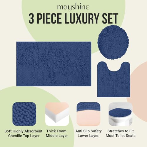 Image of Standard 3pc Set Chenille Bath Mats, Includes 21 inchx24 inch U-Shaped Contour Toilet Rug, 21 inchx34 inch Inches Bathmat and 1 Toilet Lid Cover, Plush Absorbent Bath Mats Quick Dry, Dark Blue