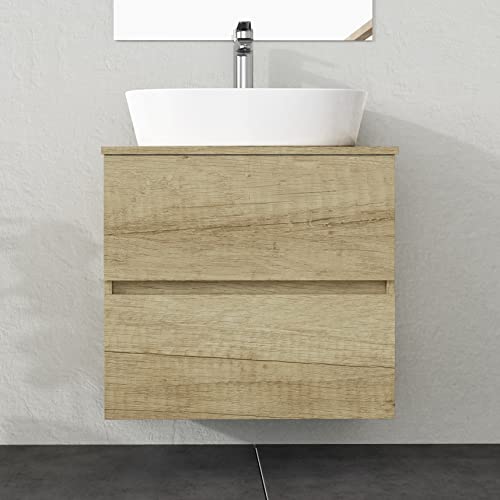 Baikal Onyx Badezimmerschrank, montiert, 2 Schubladen, Badezimmermöbel mit Waschbecken, Wandschrank, Keramikwaschbecken, ohne Spiegel, 60 cm Nature