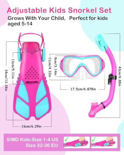 Set de snorkel para niños con máscara panorámica, snorkel seco, aletas ajustables, bolsa de malla y tapones para los oídos para edades 6-14 miniatura 6