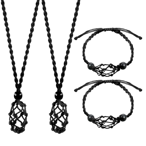 Aiyorse 4 PCS Crystal Cage Necklace and Bracelet Cord Holder Empty Stone Holder Replacement Empty Necklace Stand with Adjustable Length Hand-Woven Cord for DIY Jewelry Making (Black)