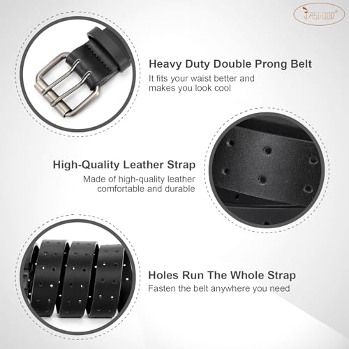 Image of JASGOOD Men Double Prong PU Leather Belt Casual Work Heavy Duty Belt Double Grommet Holes Belt for Jeans