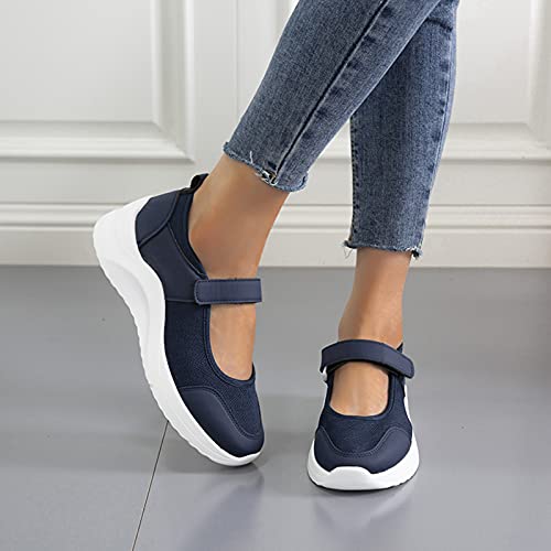 Women's Casual Walking Sneakers Lightweight Breathable Flat Mary Jane Shoes Summer Closed Toe Mesh Non-Slip Adjustable Walking Sandals,Blue,US7/EU38