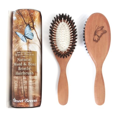 Cepillo de pelo de cerdas de jabalí puro – Cepillo de peinado hecho a mano para cabello fino, fino, cojín suave, pasador de madera, suave para cuero cabelludo sensible, cepillo alisador de cabello
