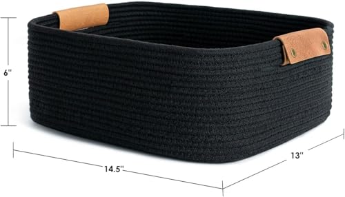 Image of ☆LBY Rectangle Cotton Rope Woven Basket with Handles for Books, Magazines, Toys - Ideal Gift Decorative Basket for Baby Nursery, Living Room (black, large 14.5 x 13 x 6 inch)