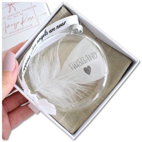 Husband In Memory of Bauble. Gift Boxed Real White Feather Glass Round Christmas Hanging Decoration Memorial