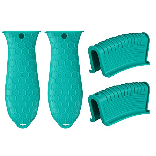 4 Pcs Non-Slip Silicone Hot Handle Holder & Assist Grips, Potholder for Cast Iron Skillets, Heat Resistant Handle Cover Sleeve for Frying Pans, Casserole, Cookware Handles, Lake Blue