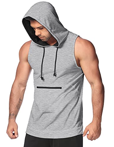 COOFANDY Men's Workout Hooded Tank Tops Sleeveless Bodybuilding Muscle Cut Off T Shirt Zipper Pocket Gym Hoodies Grey