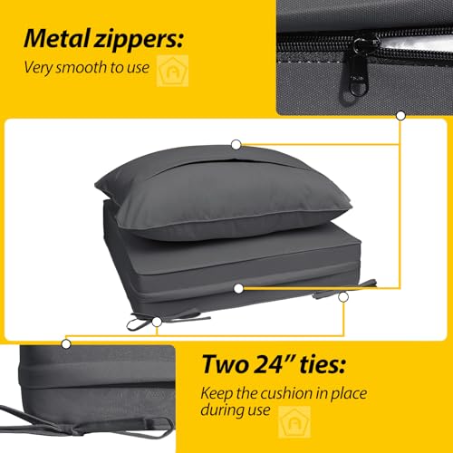 Image of AAAAAcessories Outdoor Deep Seat Cushions, Waterproof, Fade-Resistant Patio Furniture Replacement Cushions, Set of 2, 24 inch x 24 inch x 5 inch, Dark Gray