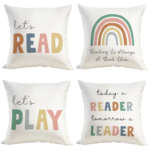 Image of Reading Corner Classroom Decorative Pillows Covers, Let's Read Play ABC Alphabet,Boho Rainbow Pillow Case for Kids Room Toddler Reading Nook Nursery Home Decor Set of 4 (White-Rainbow, 18x18Inches)