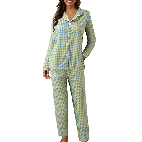 Pijama Mujer Invierno Algodón Conjunto de Pijamas Largo de Manga Larga con Botones Dos Piezas Cómodo Ropa de Dormir con Bolsillo
