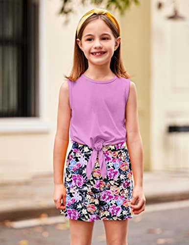 Arshiner Girl's 2 Piece Outfits Tie Knot Tank Top and Paperbag Waist Pocketed Summer Short Sets