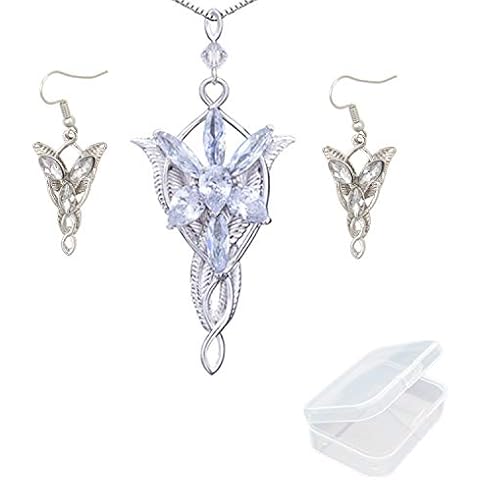 PPX Lord of the Ring Elven Leaf Aragorn Arwen Evenstar Pendant Chain Necklace Princess Chain and Earrings with Transparent Jewelry Box Cover