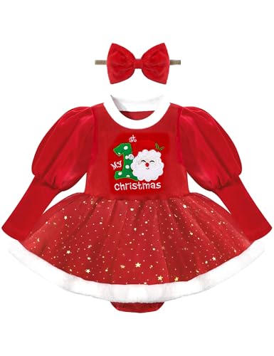 NAPU Baby Girl Christmas Outfit - Ruffle Long Sleeve My 1st Christmas Dress with Headband