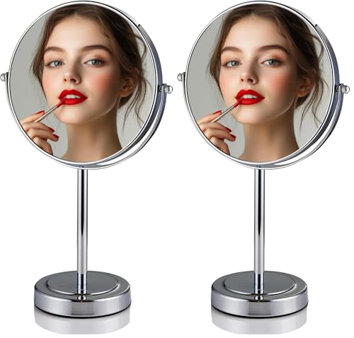 Image of OVENTE 8 inch Tabletop Mirror, 1X & 7X Magnification, Adjustable Double Sided Round Table Mirror, Flip for Closeup View, Compact for Cubicle, Vanity and Travel, Polished Chrome MNLMT80CH1X7X (Pack of 2)