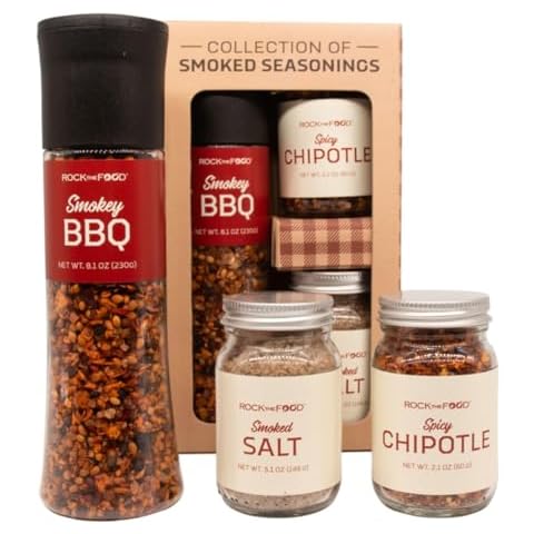 Rock The Food Collection of Gourmet Smoked Seasonings and Rubs Gift Set | Includes Smoked Salt Rub, Spicy Chipotle Rub, Smokey BBQ Grinder Cover