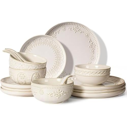 Artena Plates And Bowls Sets, 16 Pieces Dinnerware Sets, Dish Set For 4, Ceramic Kitchen Bowl And Plate Set, French Onion Soup Bowls with Handles and lids & Spoons, 20 Oz Ceramic Soup Crocks