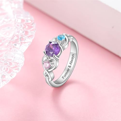Personalized Mothers Rings with 3 Birthstones Names Engraved Sterling Silver Mom Daughter Grandma Ring Customized Anniversary Promise Rings for Grandma Wife3