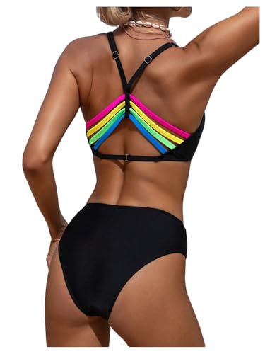WDIRARA Women's 2 Piece Bikini Set Rainbow Striped Criss Cross Swimsuit Bathing Suit