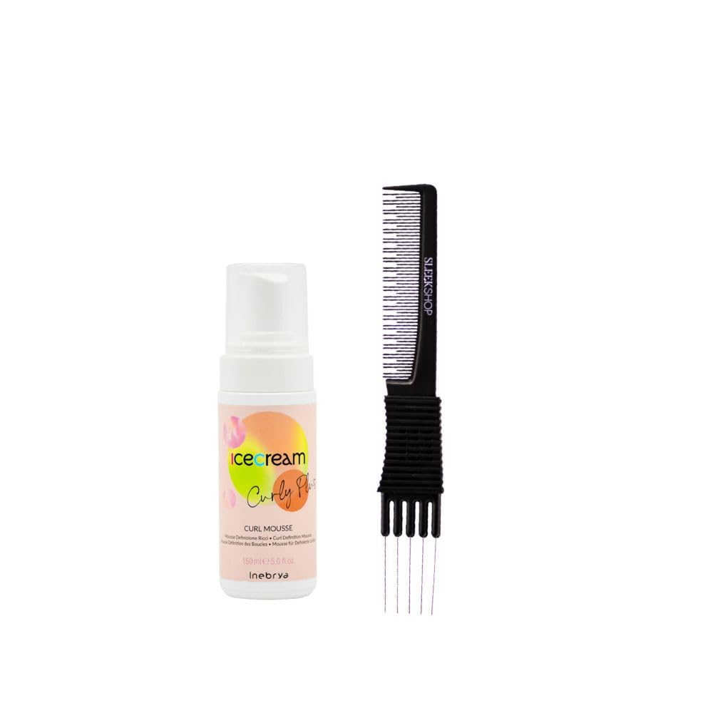 Inebrya Ice Cream Curly Plus Mousse (5 oz) with Teasing Comb Pack of 1