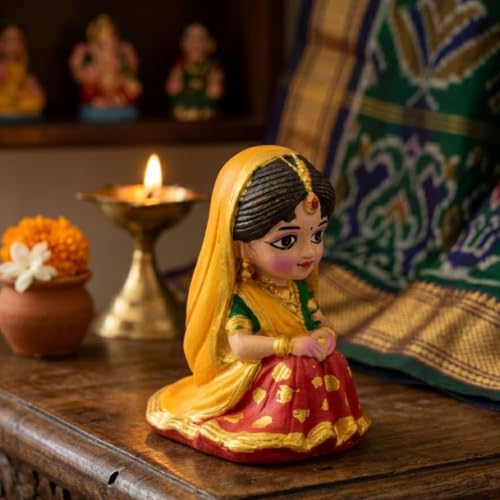 Image of Cute Little Radha Ji Idol for Home Decor - Small Radha Rani Statue for Car Dashboard, Office Desk & Mandir Puja, Miniature Blessing Radharani Figurine (Multicolor)