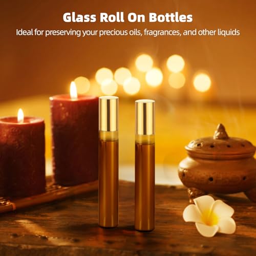150 PCS Essential Oil Roller Bottles - Oil Perfume Leak Proof 10ml Empty Glass Roller Bottles with Stainless Steel Roller Balls with 5 Funnels for Travel Business Amber Brown2