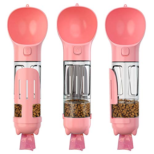 YUYTE Botella de Agua para Perros para Caminar, Dispensador de Agua Portátil para Viajes para Mascotas, Taza de Agua Multifuncional a Prueba de Fugas, Caja de Comida con Pala para (Pink)